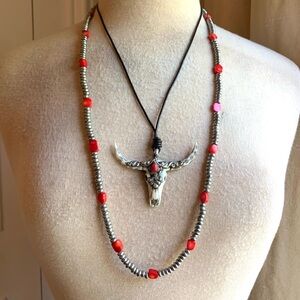 Sweet Olive Silver, Coral & Leather Necklace w Steer Head Pendant Neckalce
